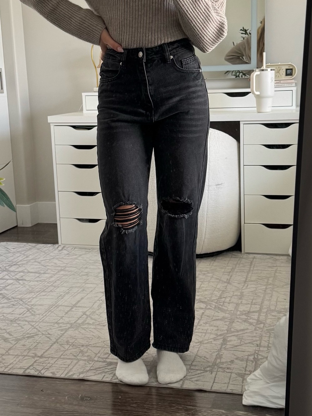 SHEIN Black High-Rise Distressed Straight-Leg Jeans